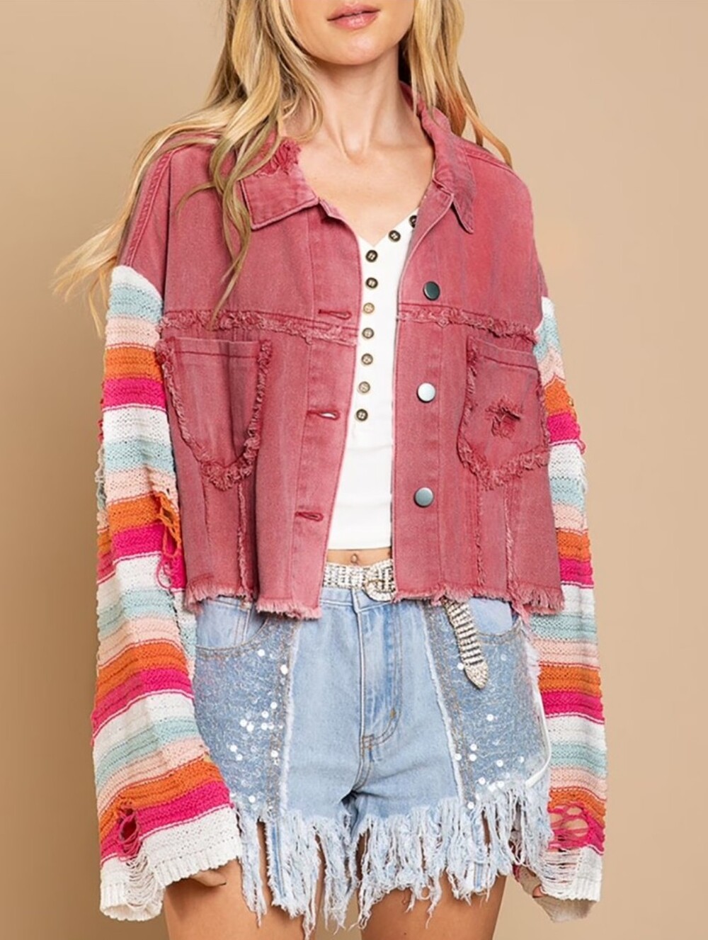 POL Cropped Distressed Jean Jacket with Multicolor Striped Knit Bell Sleeves Sm